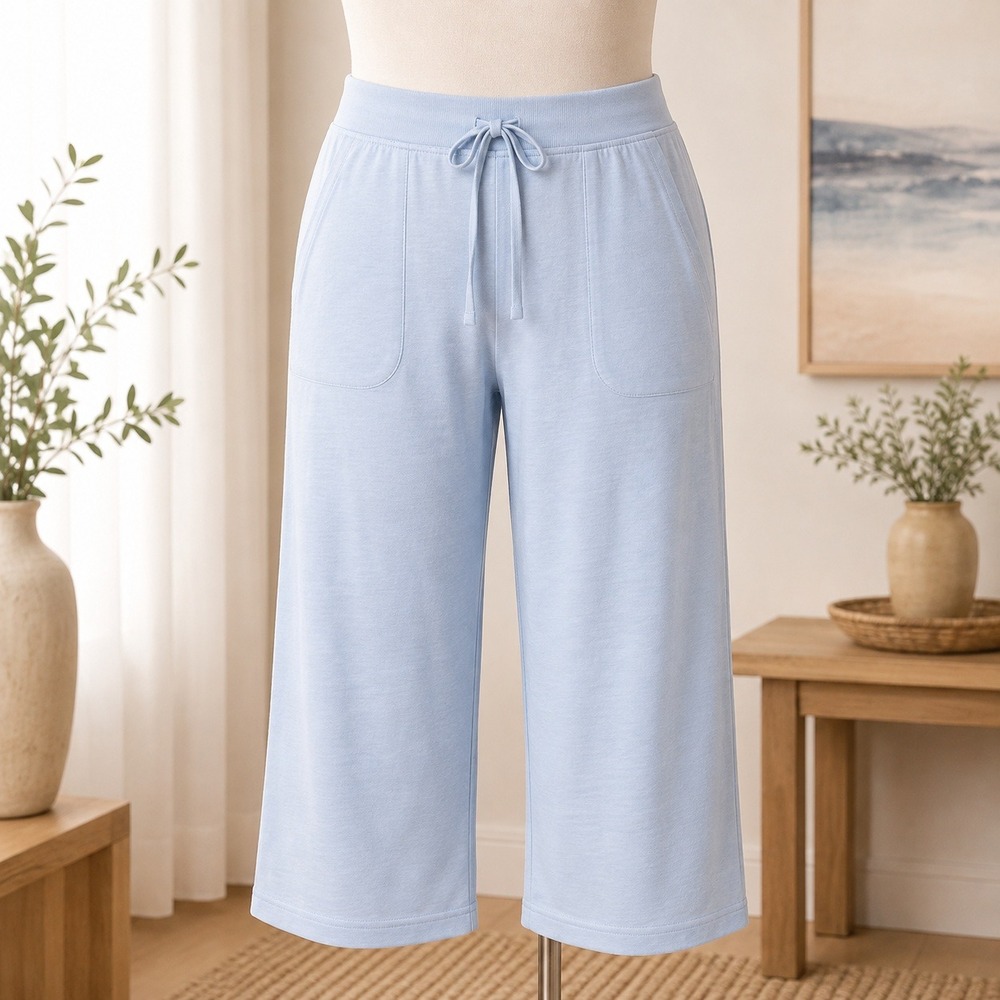 D&Co Active Cropped Pants Womens 1XP Light Blue Slub Knit Elastic Waist Pockets